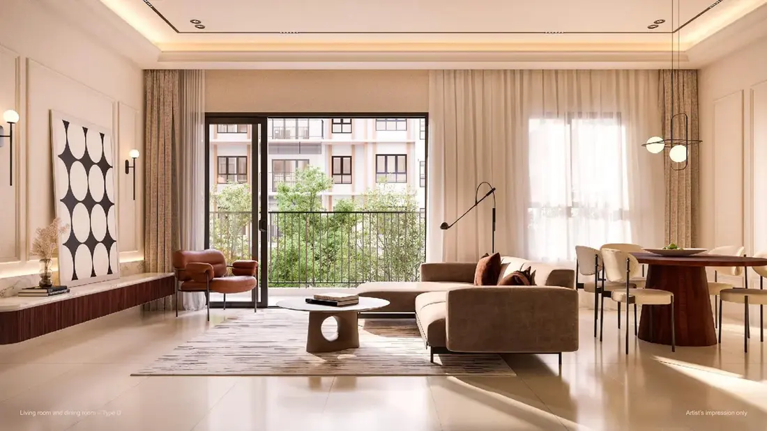 Artist's impression of a Myra Embun Residences Type D living and dining room