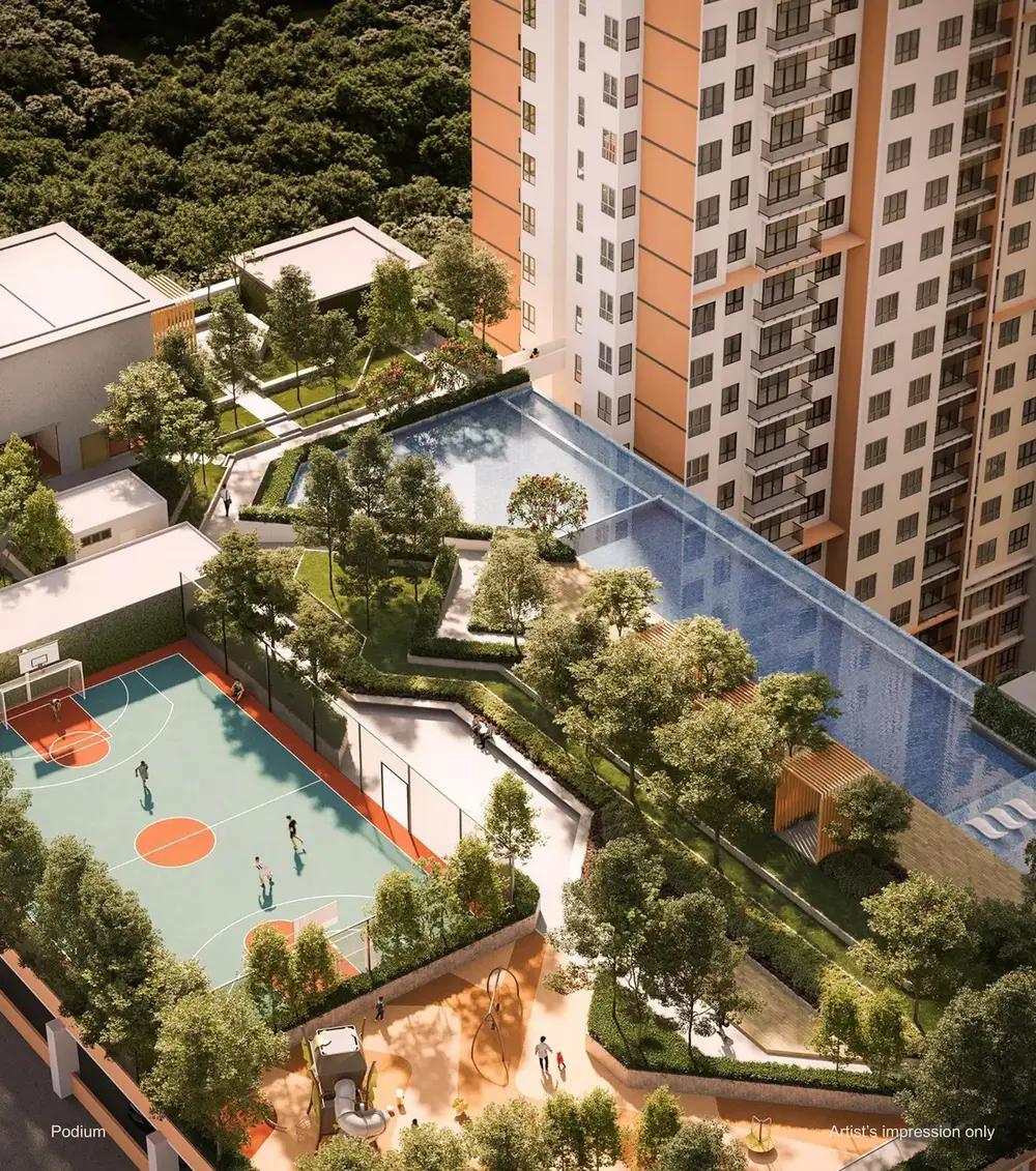 Aerial artist's impression of the Myra Embun Residences podium: lap pool, multipurpose court, playground and garden courtyard