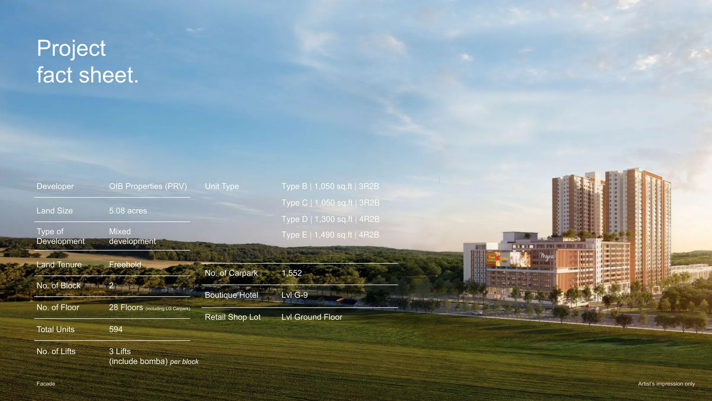Myra Embun Residences project fact sheet: OIB Properties developer, freehold tenure, 2 blocks, 28 floors, 594 units